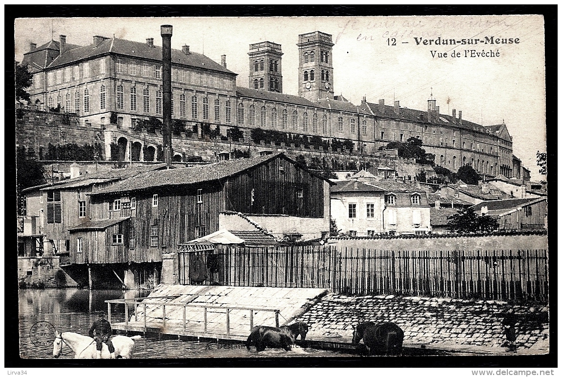 CPA ANCIENNE FRANCE- VERDUN (55)- VUE DE L'ÉVÊCHÉ- TRES GROS PLAN- L'ABREUVOIR DES CHEVAUX-  USINE- ANIMATION - Verdun