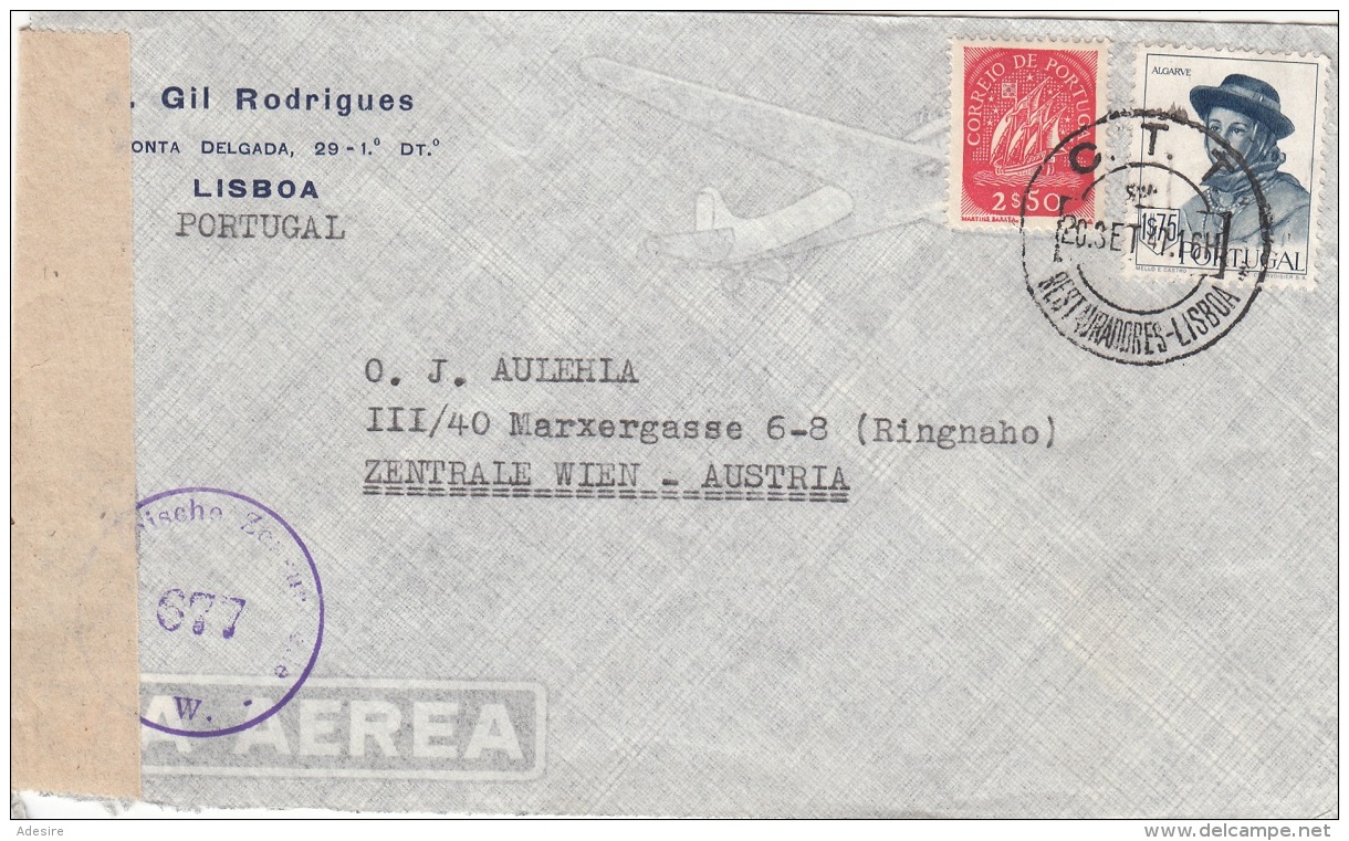 PORTUGAL 1947 - 2 Fach Frankierung Auf Zensurierten LP-Brief Gel.v. Lisboa Nach Wien - Briefe U. Dokumente