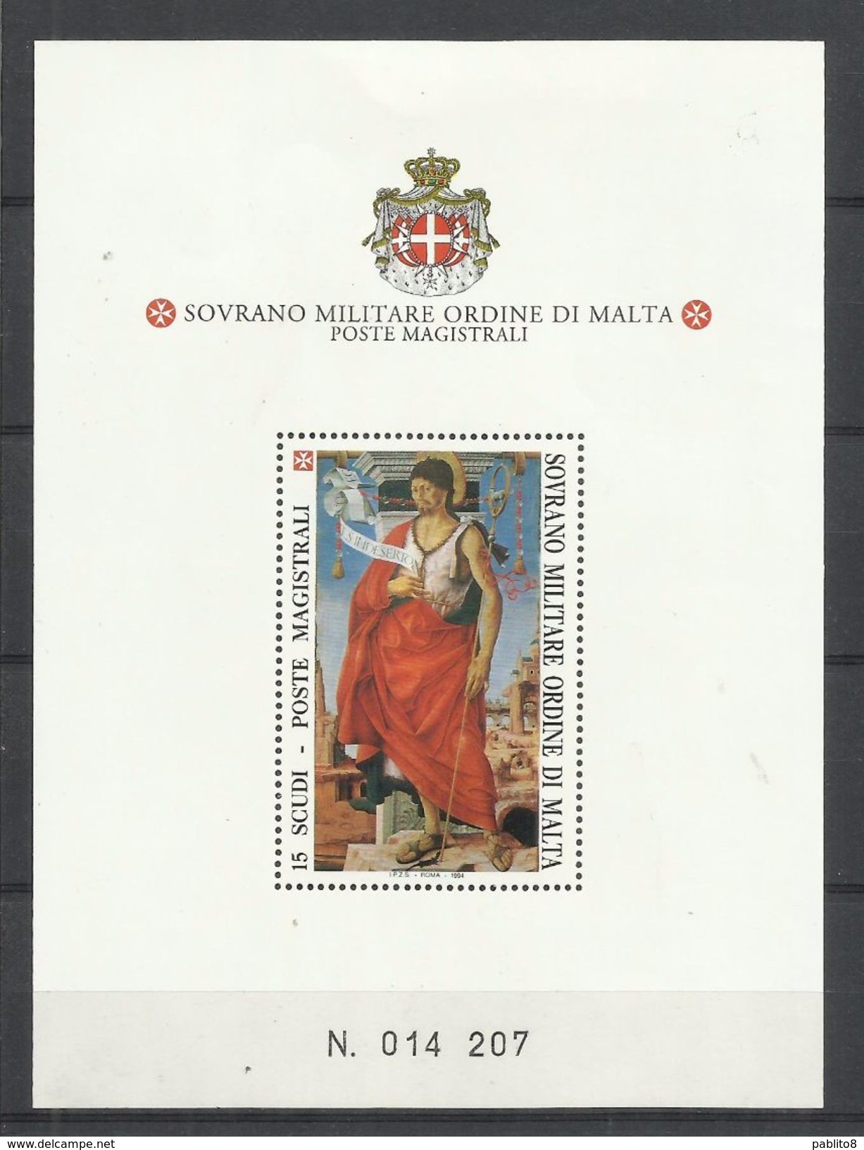 SMOM SOVRANO ORDINE MILITARE DI MALTA 1994 SAN GIOVANNI BATTISTA BLOCK SHEET BLOCCO FOGLIETTO MNH - Malte (Ordre De)