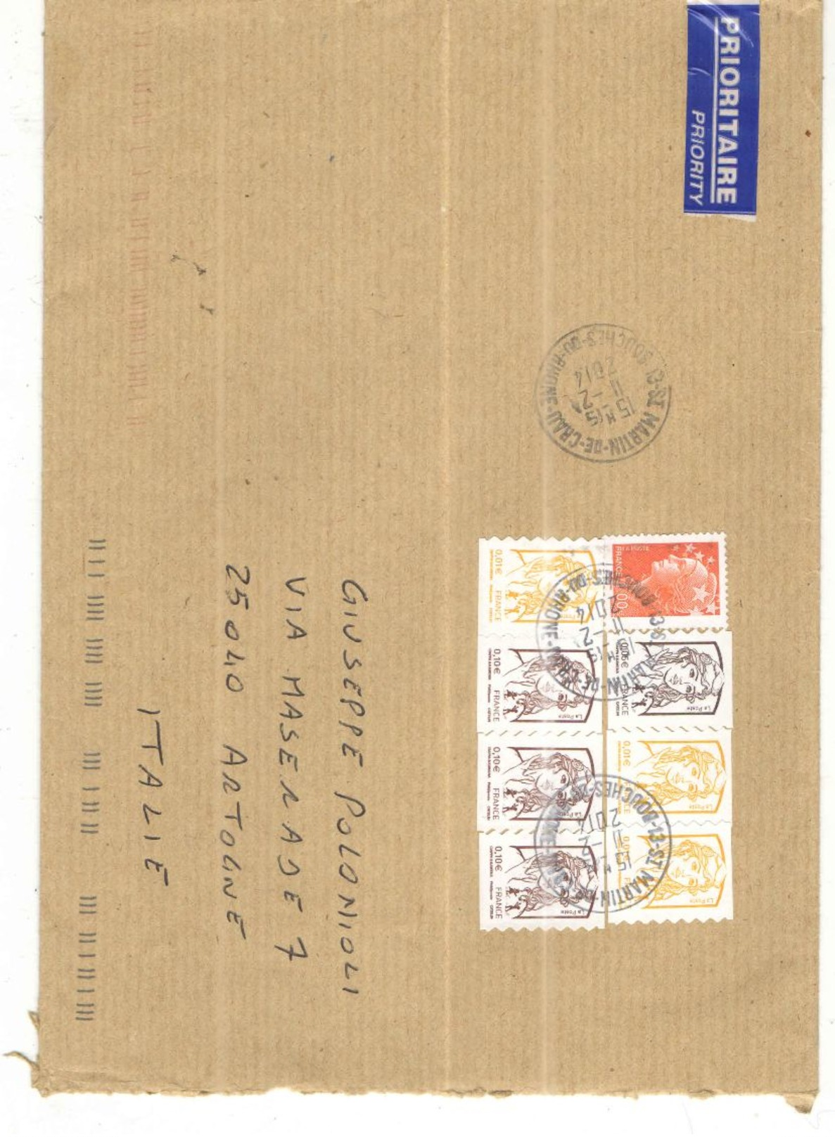 Francia 2014 N.1 Busta  Viaggiata Fron Francia  To Italy. Stamps Priority See Scans - 1961-....