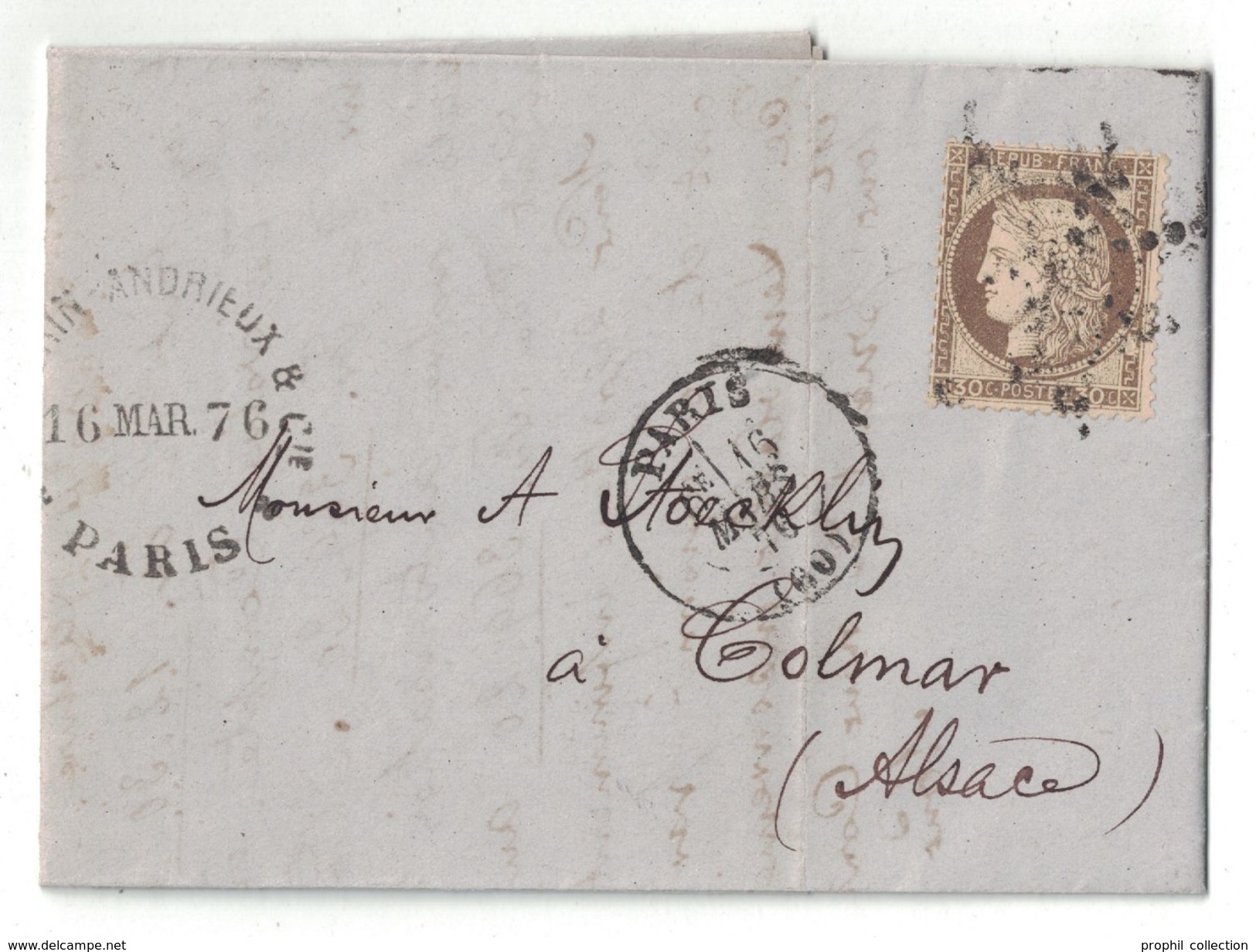 1876 - LAC LETTRE Avec CAD PARIS 60 + OBLITERATION ETOILE Sur CERES N° 56 SEUL Pour COLMAR ALSACE VILMORIN ANDRIEUX - 1849-1876: Klassik