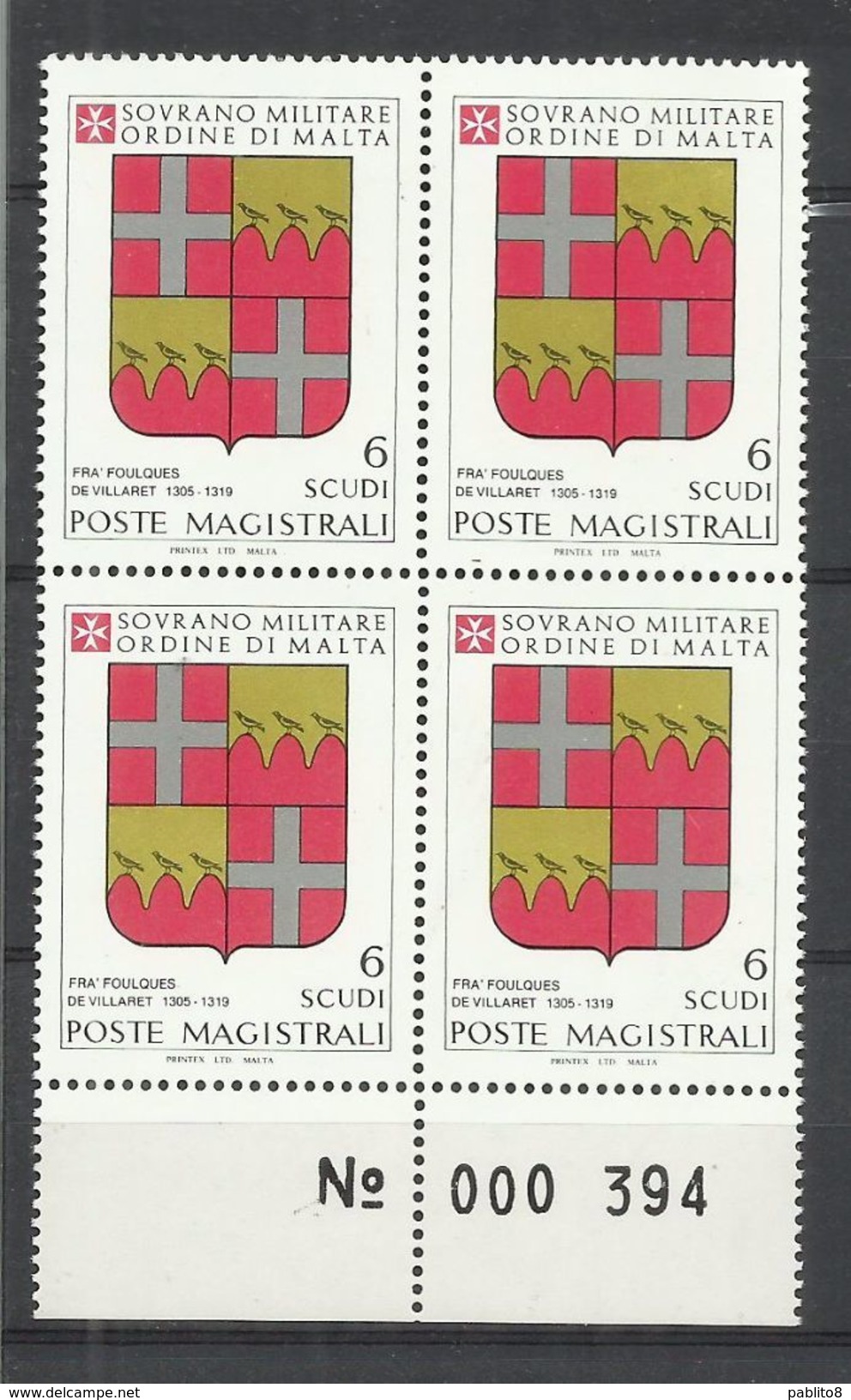 SMOM SOVRANO ORDINE MILITARE DI MALTA 1983 STEMMI DEI GRAN MAESTRI A RODI F. DE VILLARET 6s QUARTINA BLOCK MNH - Malte (Ordre De)