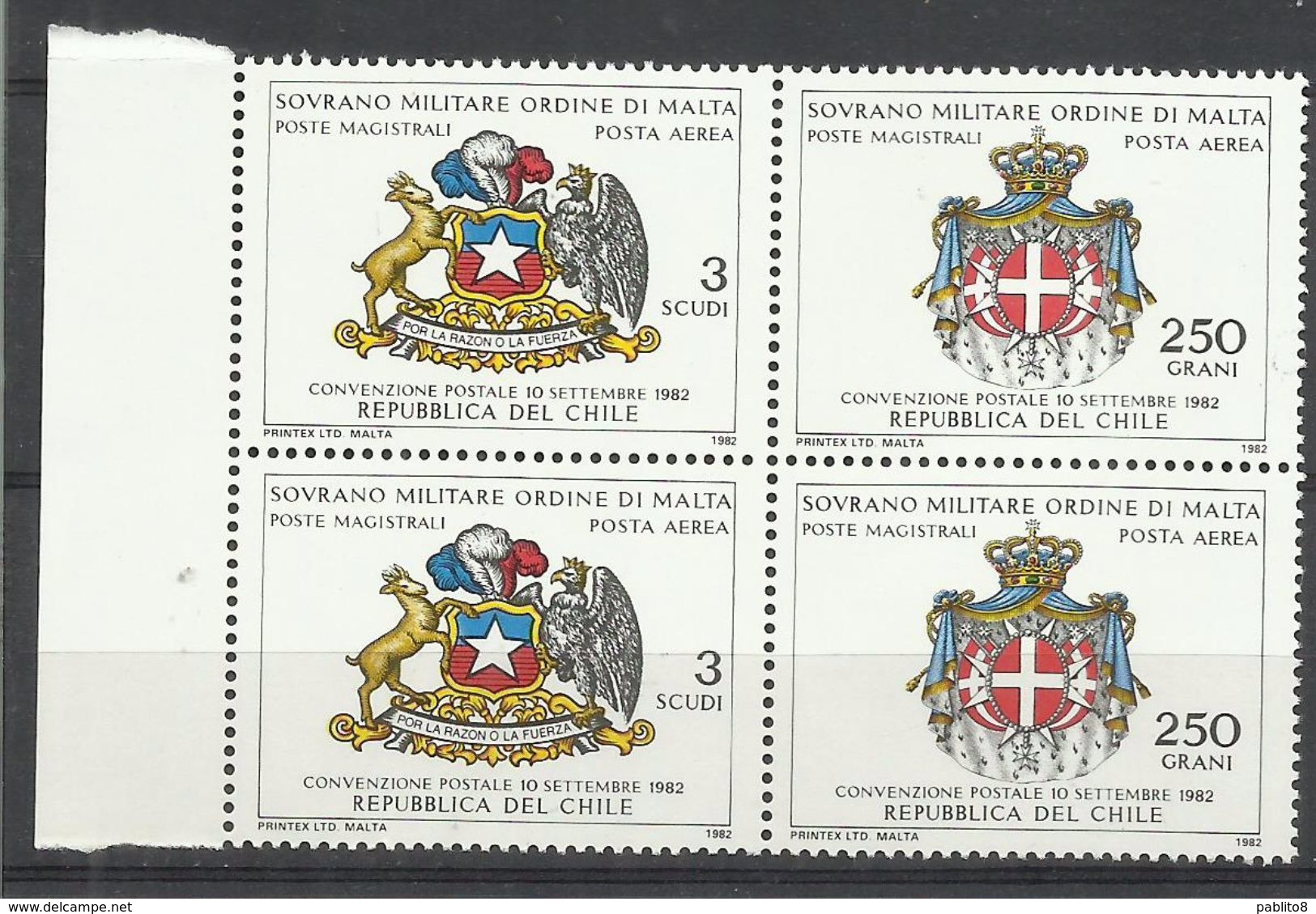 SMOM SOVRANO ORDINE MILITARE DI MALTA 1982 POSTA AEREA AIR MAIL CILE 250g + 3s COPPIA PAIR MNH - Malte (Ordre De)