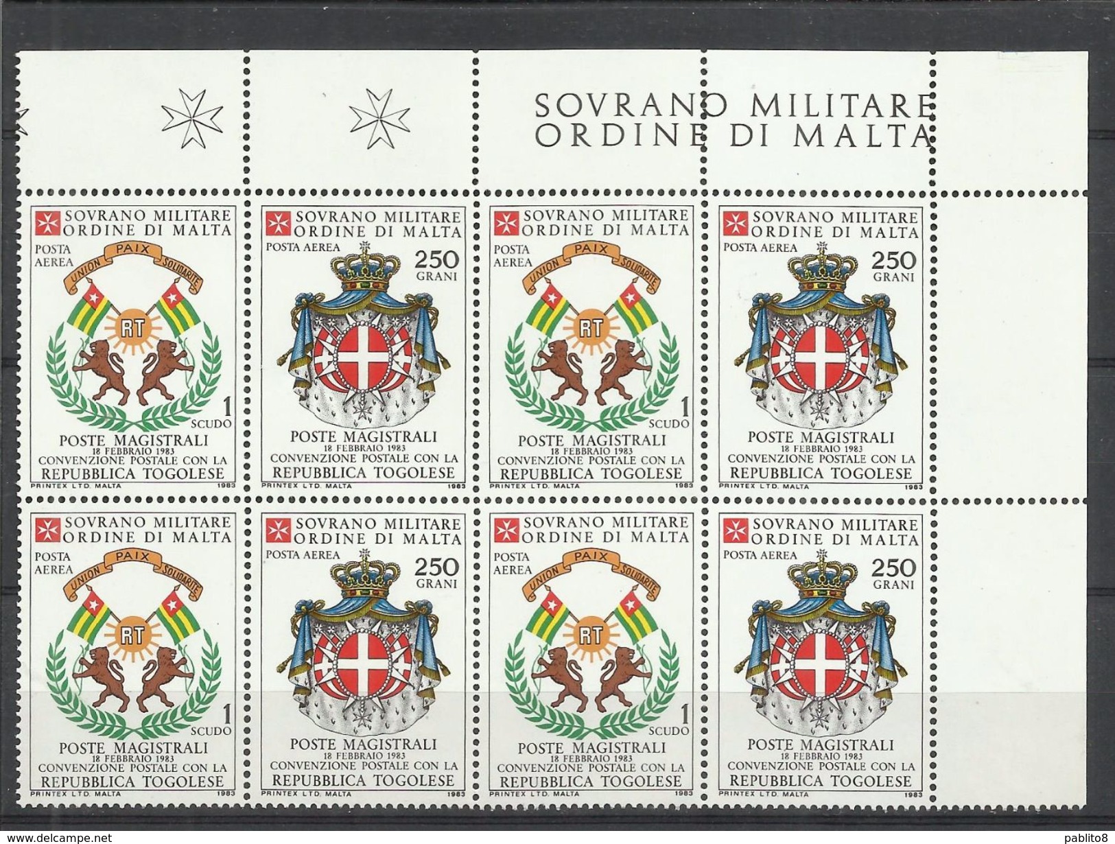 SMOM SOVRANO ORDINE MILITARE DI MALTA 1983 POSTA AEREA AIR MAIL TOGO REPUBBLICA TOGOLESE 1s + 250g QUARTINA BLOCK MNH - Malte (Ordre De)