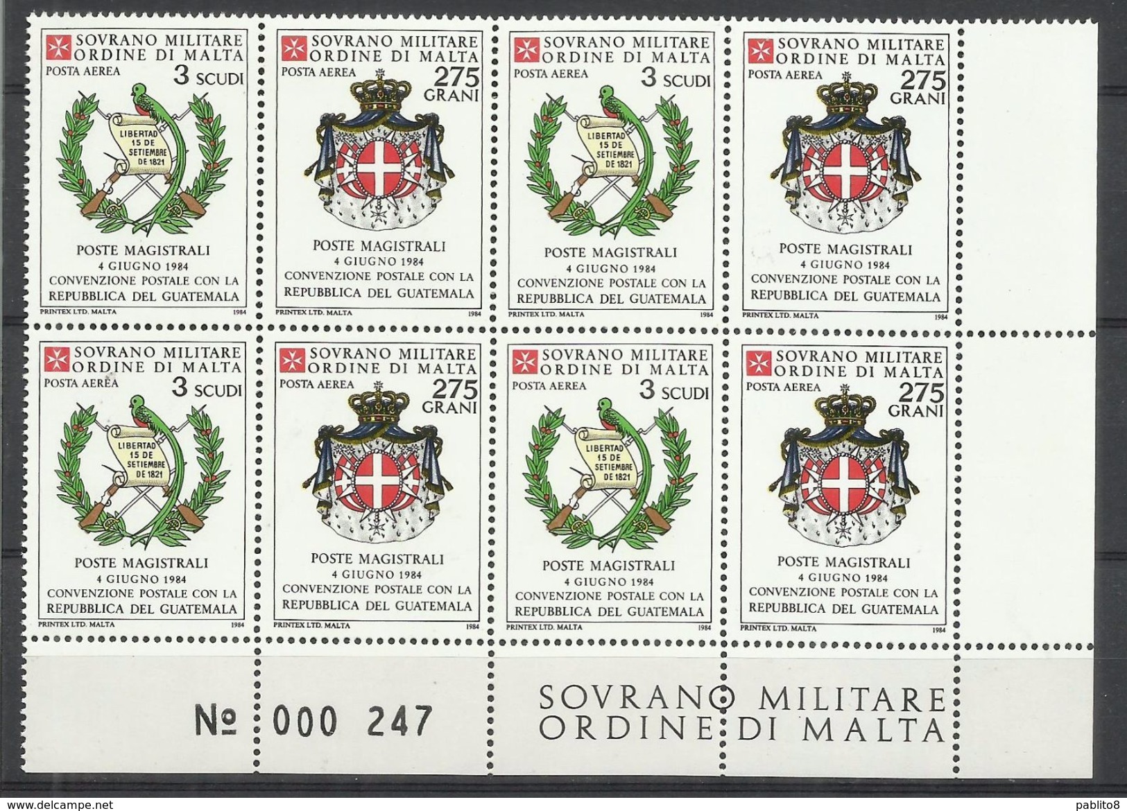 SMOM SOVRANO ORDINE MILITARE DI MALTA 1984 POSTA AEREA AIR MAIL REPUBBLICA DEL GUATEMALA 3s + 275g QUARTINA BLOCK MNH - Malte (Ordre De)