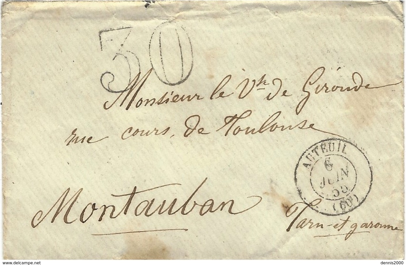 1855- Enveloppe D'AUTEUIL  ( Paris )  Cad T15  Taxe Dt 30  Pour Montauban - 1849-1876: Klassieke Periode