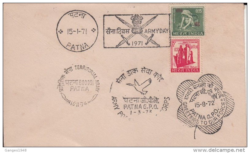 India  1971  ICC Stamps  5P & 15P  Army Day  Swords  PATNA  Special Cancellation  On Cover  #  00544  D  Inde  Indien - Militaire Vrijstelling Van Portkosten