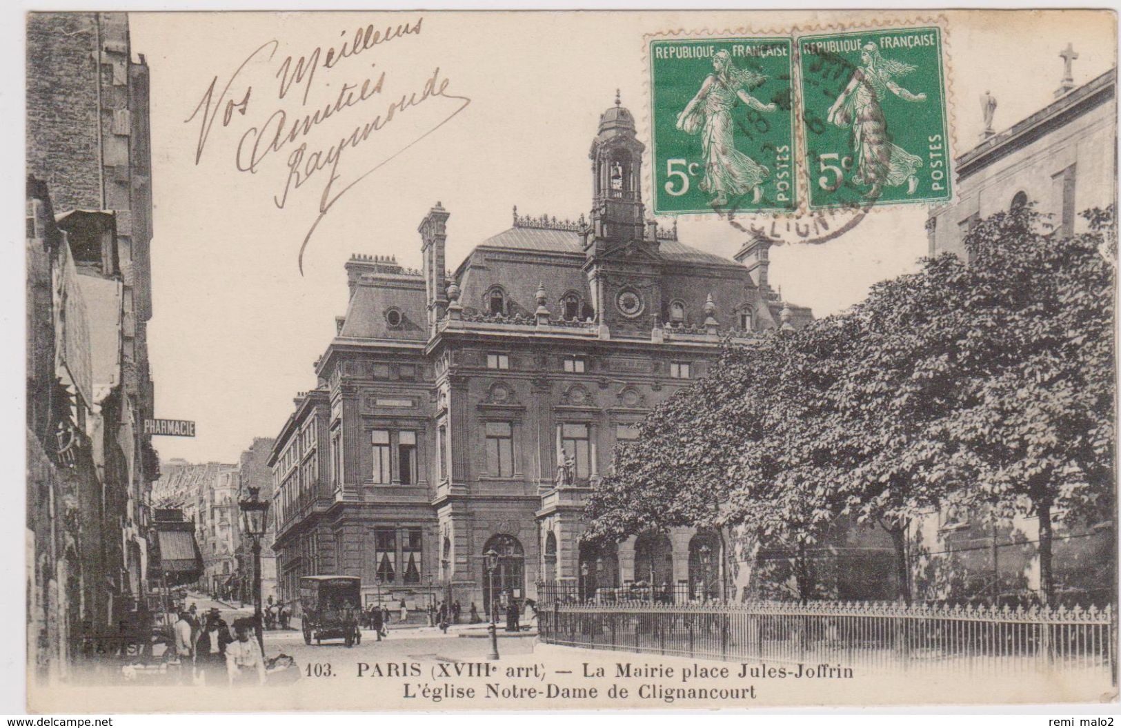 CARTE POSTALE  PARIS 18°  La Mairie  Place Jules Joffrin.L'église Notre Dame De Clignancourt - Distretto: 18