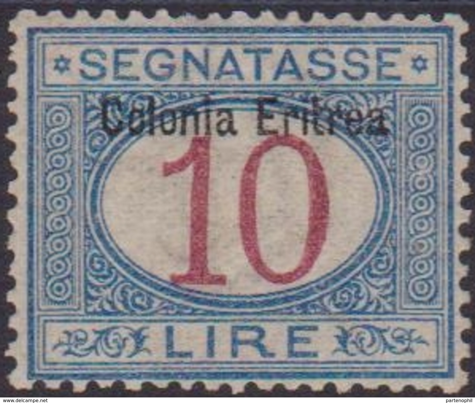 Eritrea 1903 - Segnatasse L. 10 Con Ottima Centratura N. 11. Cat. &euro; 25000,00. SPL. Cert. Biondi MNH - Eritrea