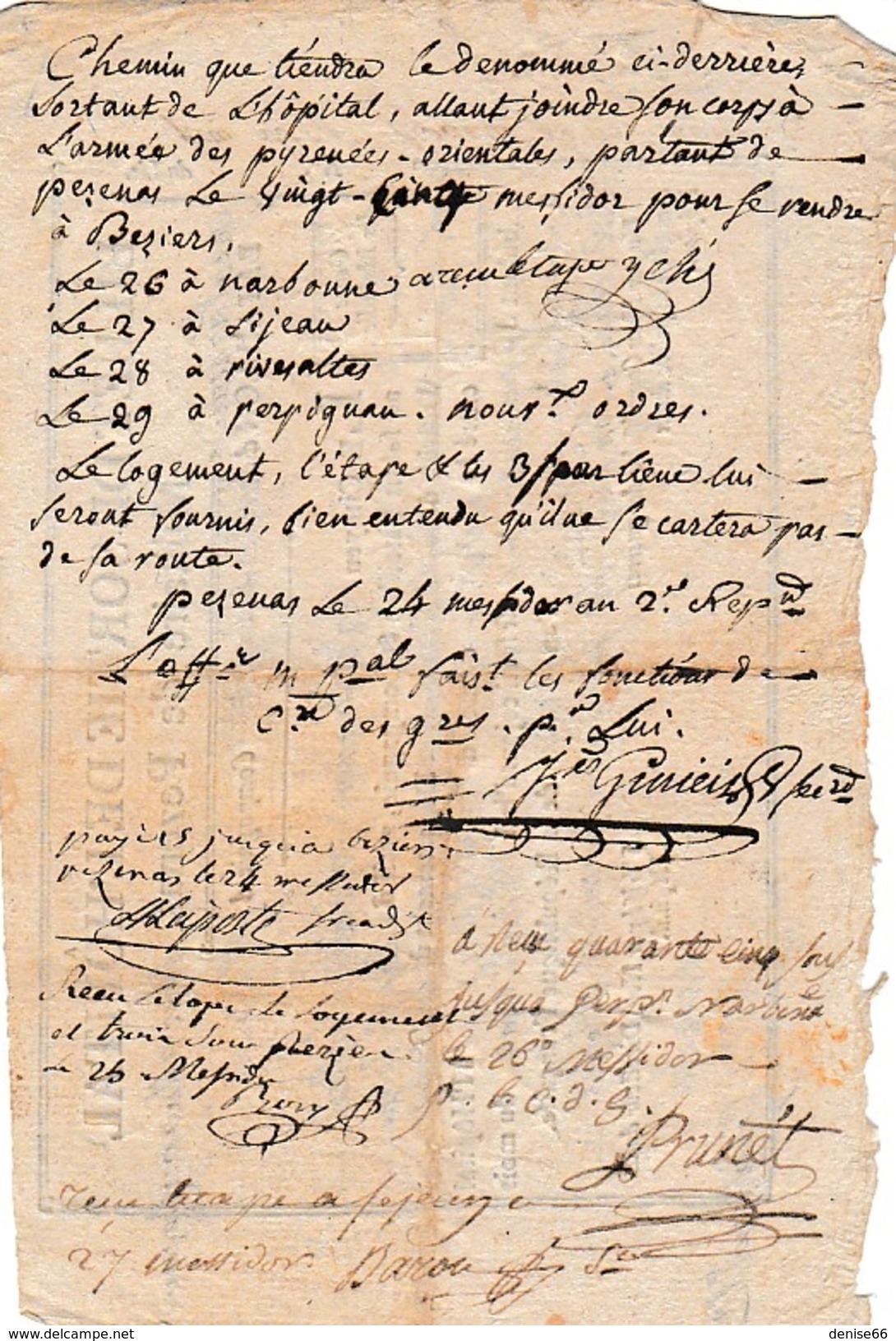25 Messidor An 2 -HÔPITAL MILITAIRE De PEZENAS (34) - 14° Bataillon De HUSSARDS DE L'ÉGALITÉ Cie N° 3 - BILLET DE SORTIE - Historische Dokumente