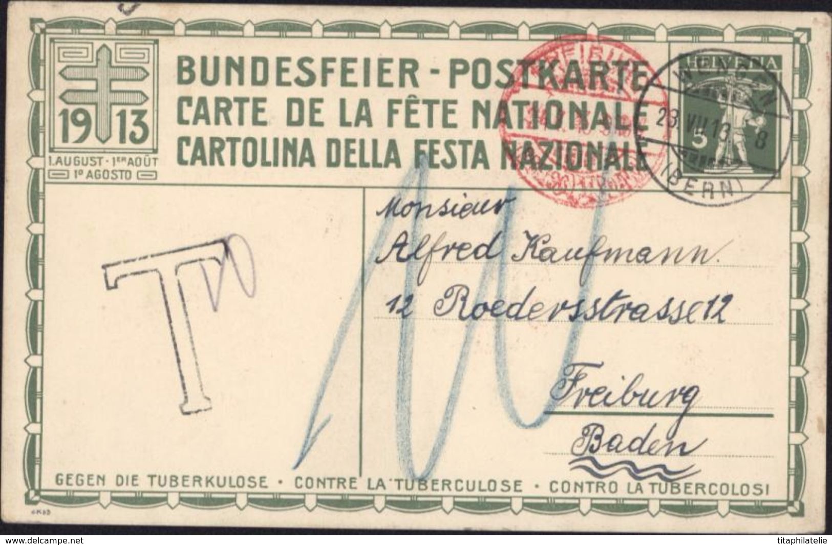 Suisse Entier Walter Tell Vert 5 Cts Carte De La Fête Nationale De Wengen Bern Pour Freiburg Fribourg T Taxe Tuberculose - Interi Postali