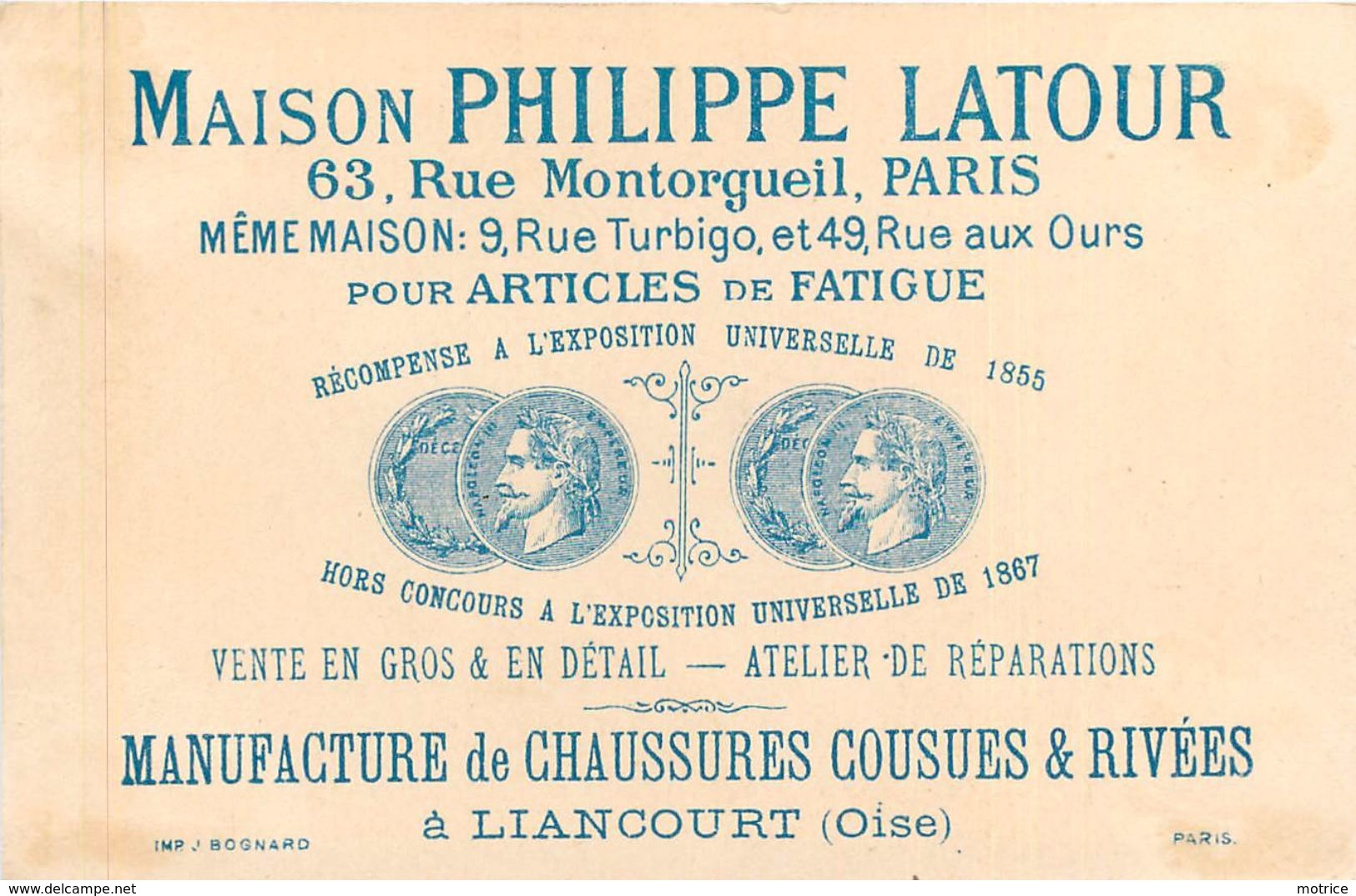 MAISON PHILIPPE LATOUR -63 Rue Montorgueil Paris,vente De Chaussures ,chromo (format 7,6 X11,5cm) - Autres & Non Classés