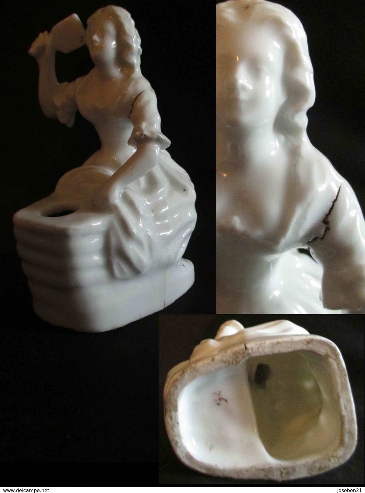 Ancien Encrier En Porcelaine Blanche Lavandière Tapant Le Linge Fin XIX ème - Inkwells