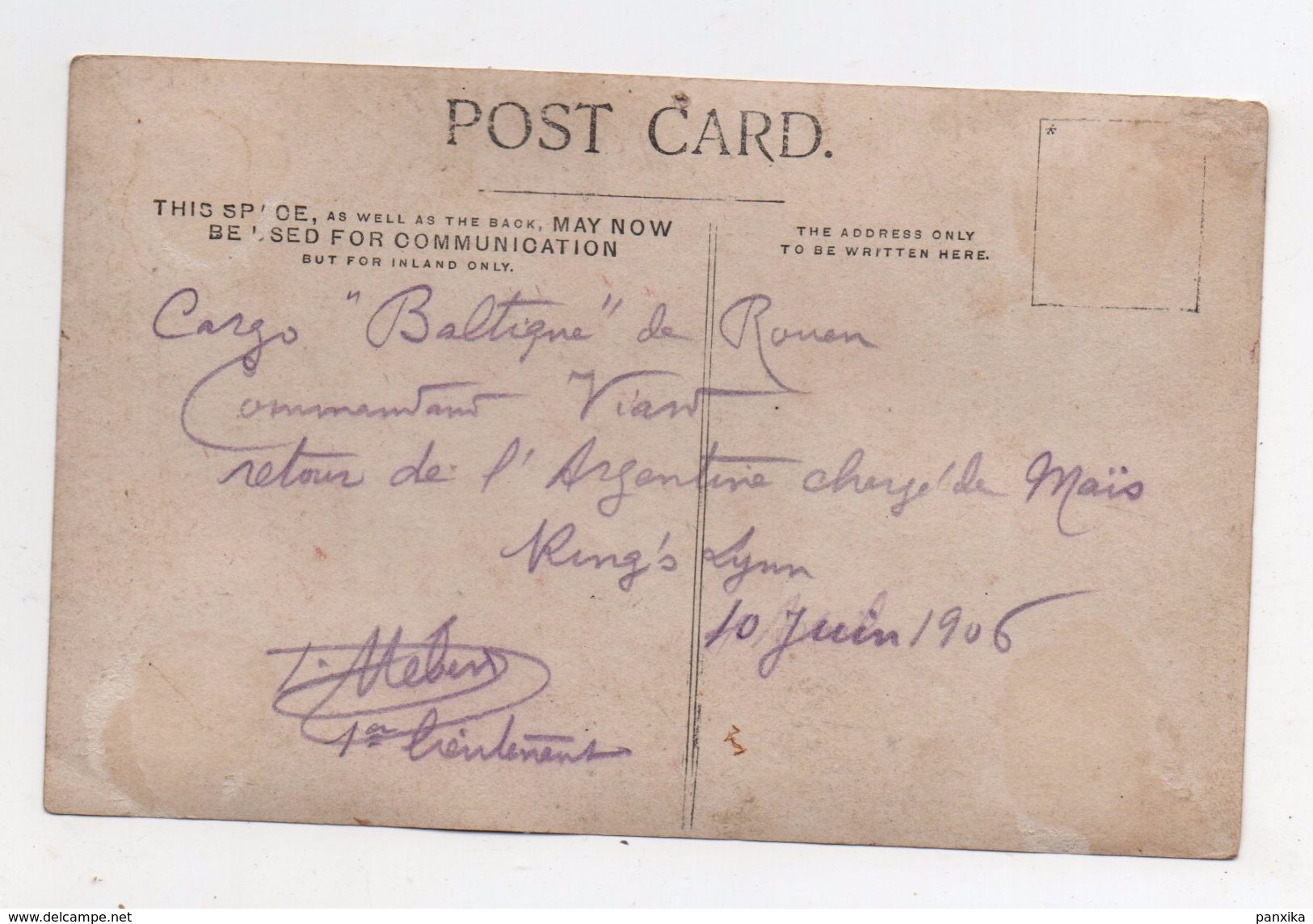 Cargo "Baltique" De Rouen. King's Lynn. Retour De L'Argentine Chargé De Maïs.Signature 1er Lieutenant.1906. - Comercio