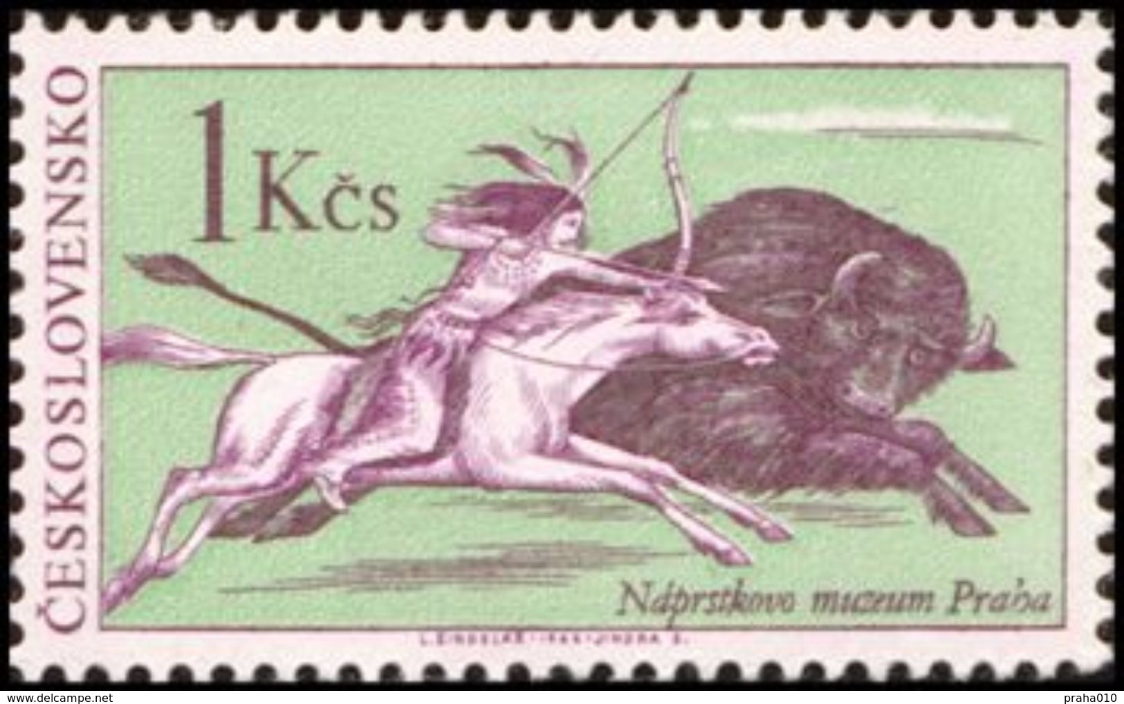 Czechoslovakia / Stamps (1966) 1539: Indians Of North America - Naprsteks Museum (Hunting Bison); Painter: L. Sindelar - Indiens D'Amérique