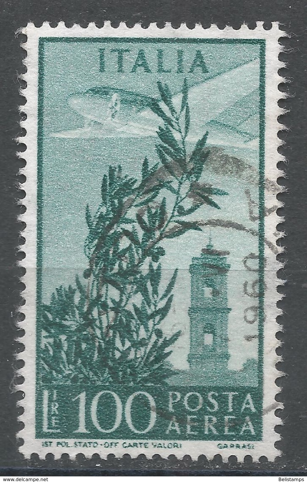 Italy 1955. Scott #C132 (U) Plane Over Capitol Bell Tower - Airmail
