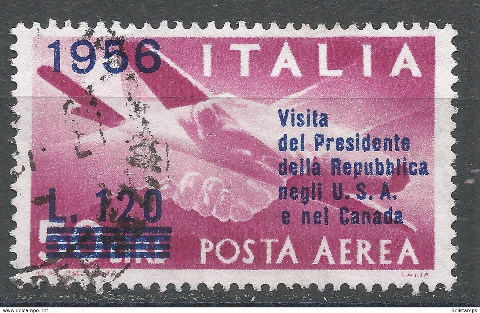 Italy 1956. Scott #C136 (U) Plane And Clasped Hands - Poste Aérienne