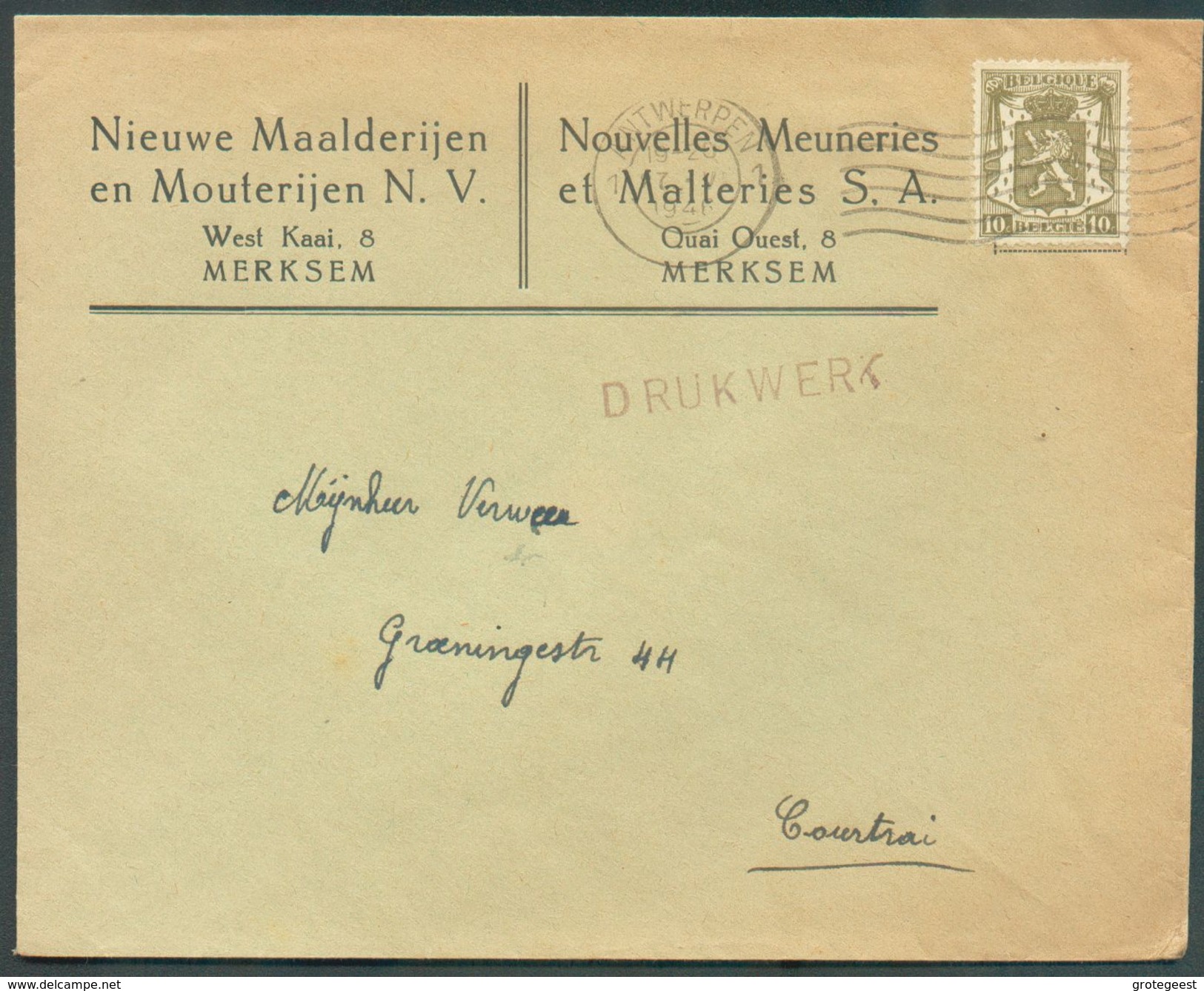 BELGIQUE N°420 Obl. Mécanique ANTWERPEN 1 Sur Lettre En-tête NIEUWE MAALDERIJEN En MOULTERIJEN MERKSEM - 12168 - Bier