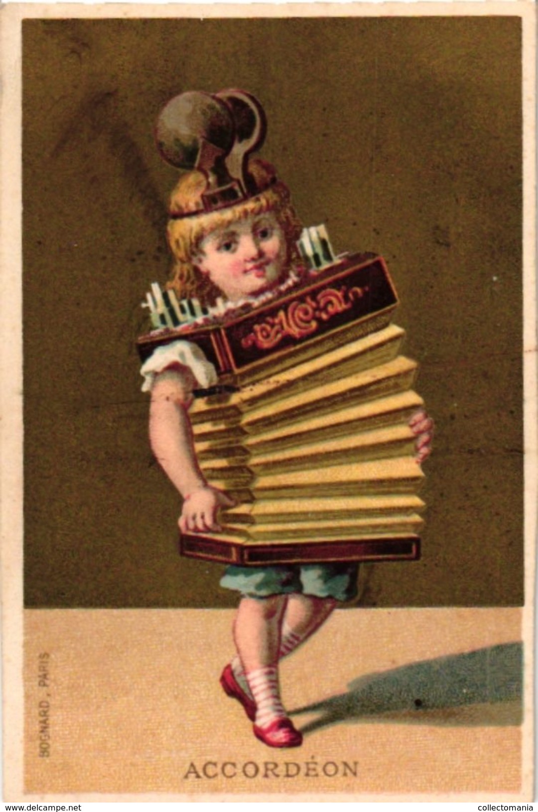 6 Trade Cards Music Instruments Accordéon Contrabasse Musette Grosse Caisse Cymbales Cor de Chasse  Imp.BOGNARD Litho