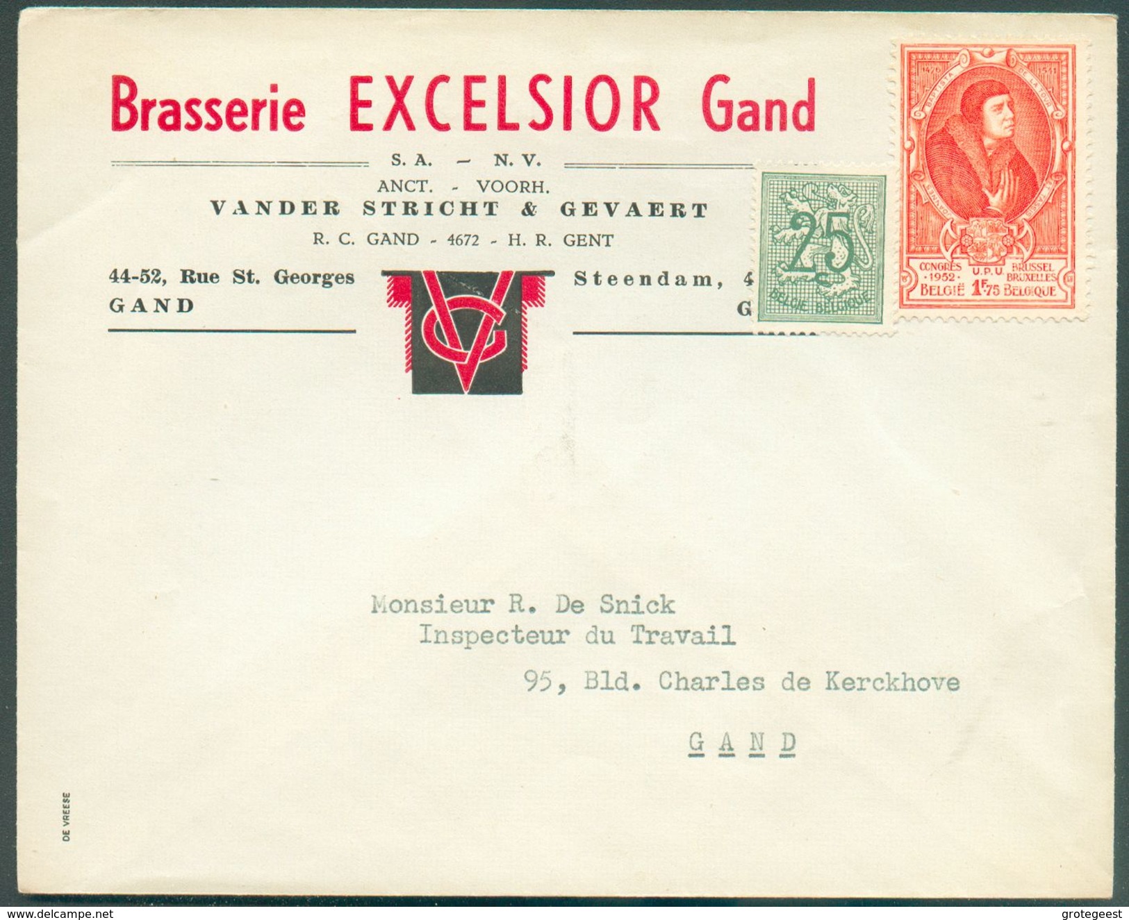 BELGIQUE Enveloppe En Tête BRASERIE EXCELSSIOR GAND (affr.UPU) Fond. Vander Stricht & Gevaert - 12171 - Birre