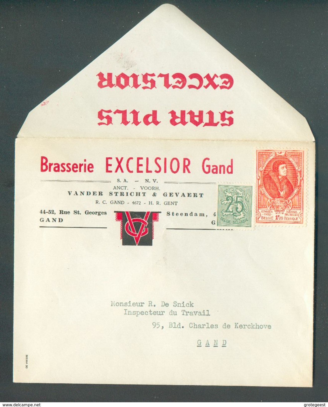 BELGIQUE Enveloppe En Tête BRASERIE EXCELSSIOR GAND (affr.UPU) Fond. Vander Stricht & Gevaert - 12171 - Birre