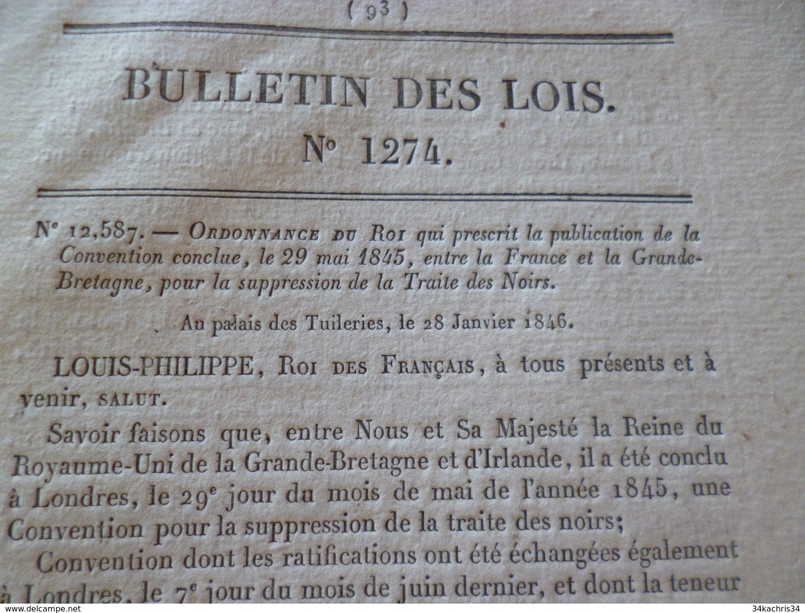 Bulletin Des Lois 28/01/1846 Traite Des Noirs Esclavage Prescription France Angleterre Suppression De La Traite - Gesetze & Erlasse