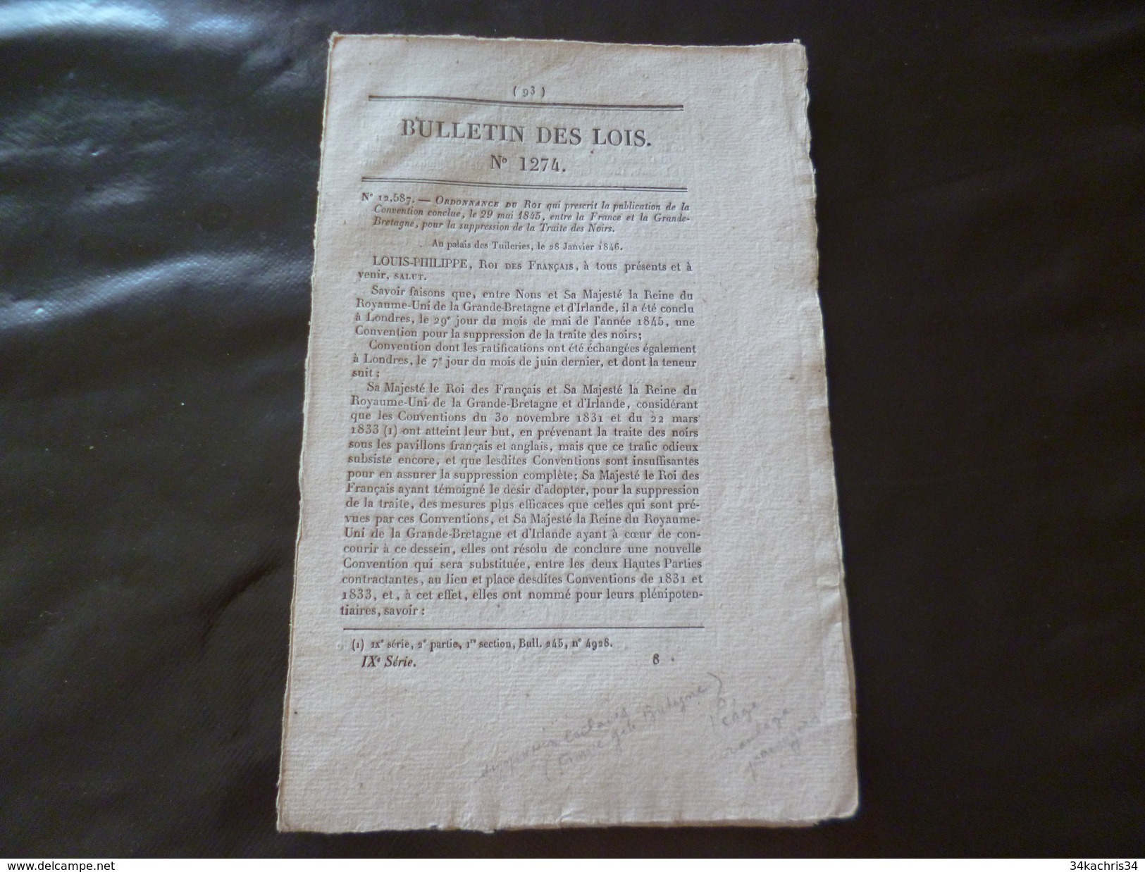 Bulletin Des Lois 28/01/1846 Traite Des Noirs Esclavage Prescription France Angleterre Suppression De La Traite - Decreti & Leggi