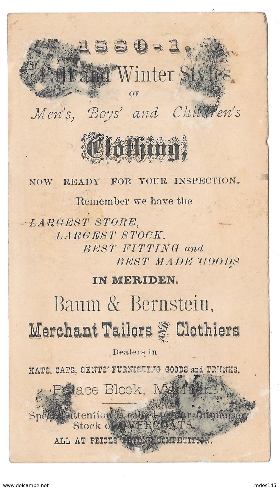 Victorian Trade Card Baum & Bernstein Clothes Tailor Palace Block Meriden CT Silhouette 1800 - Other & Unclassified