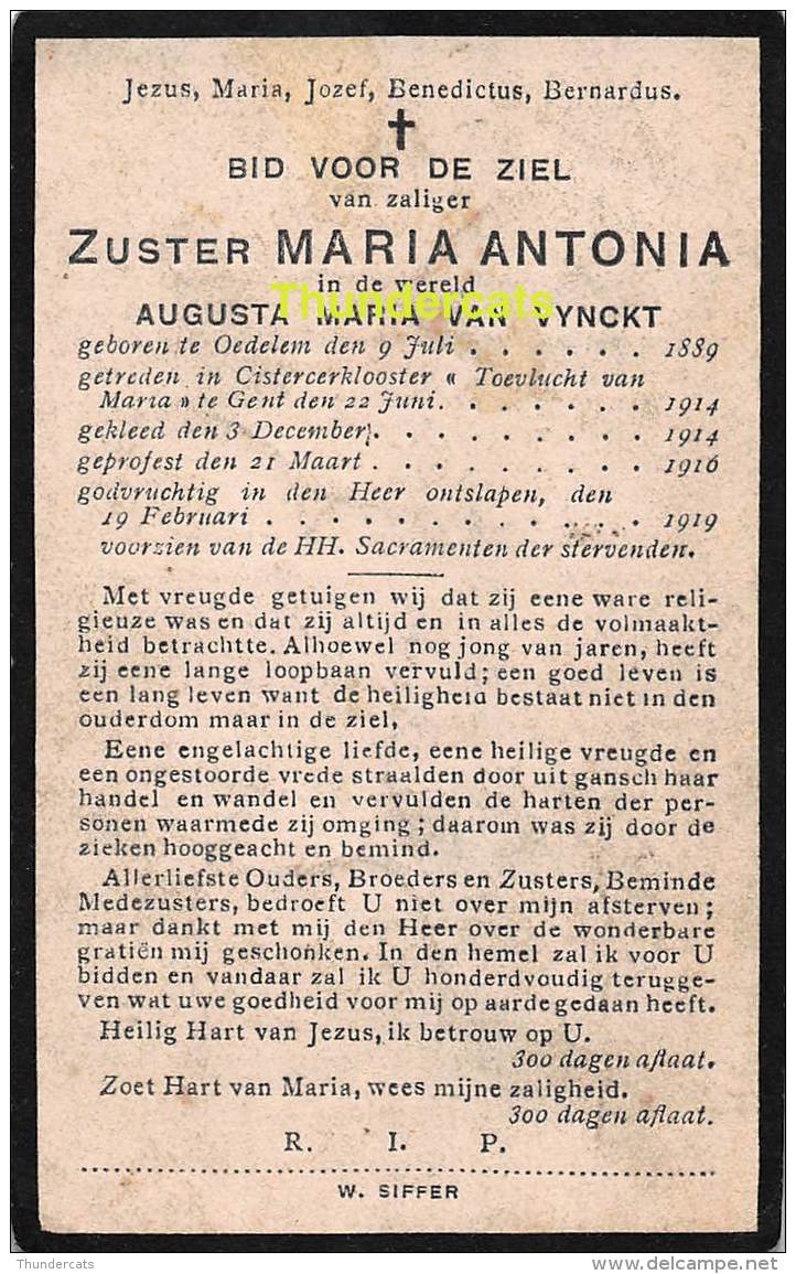 NON NUN ZUSTER MARIA ANTONIA AUGUSTA MARIA VAN VYNCKT OEDELEM 1889 GENT 1919 - Santini