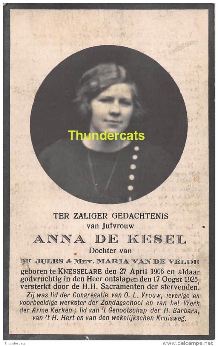 ANNA DE KESEL VAN DE VELDE KNESSELARE 1906 1925 - Images Religieuses