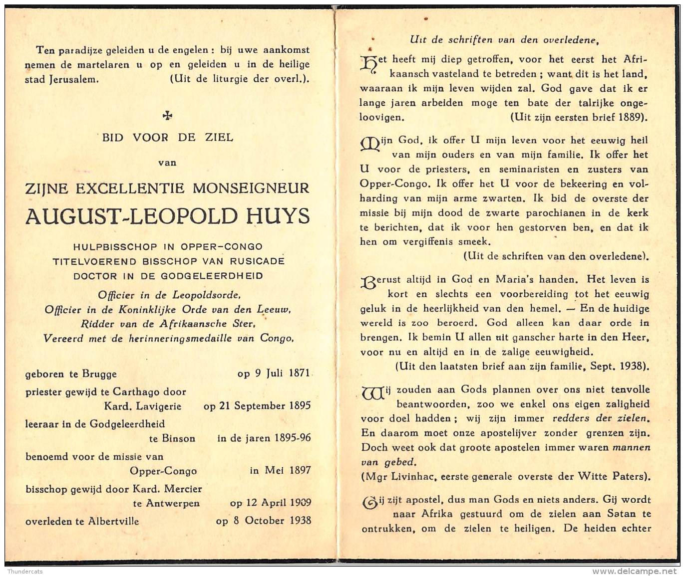 AUGUST LEOPOLD HUYS CONGO RUSICADE LEOPOLDSSORDE BRUGGE 1871 CARTHAGO BINSON ALBERTVILLE 1938 - Images Religieuses