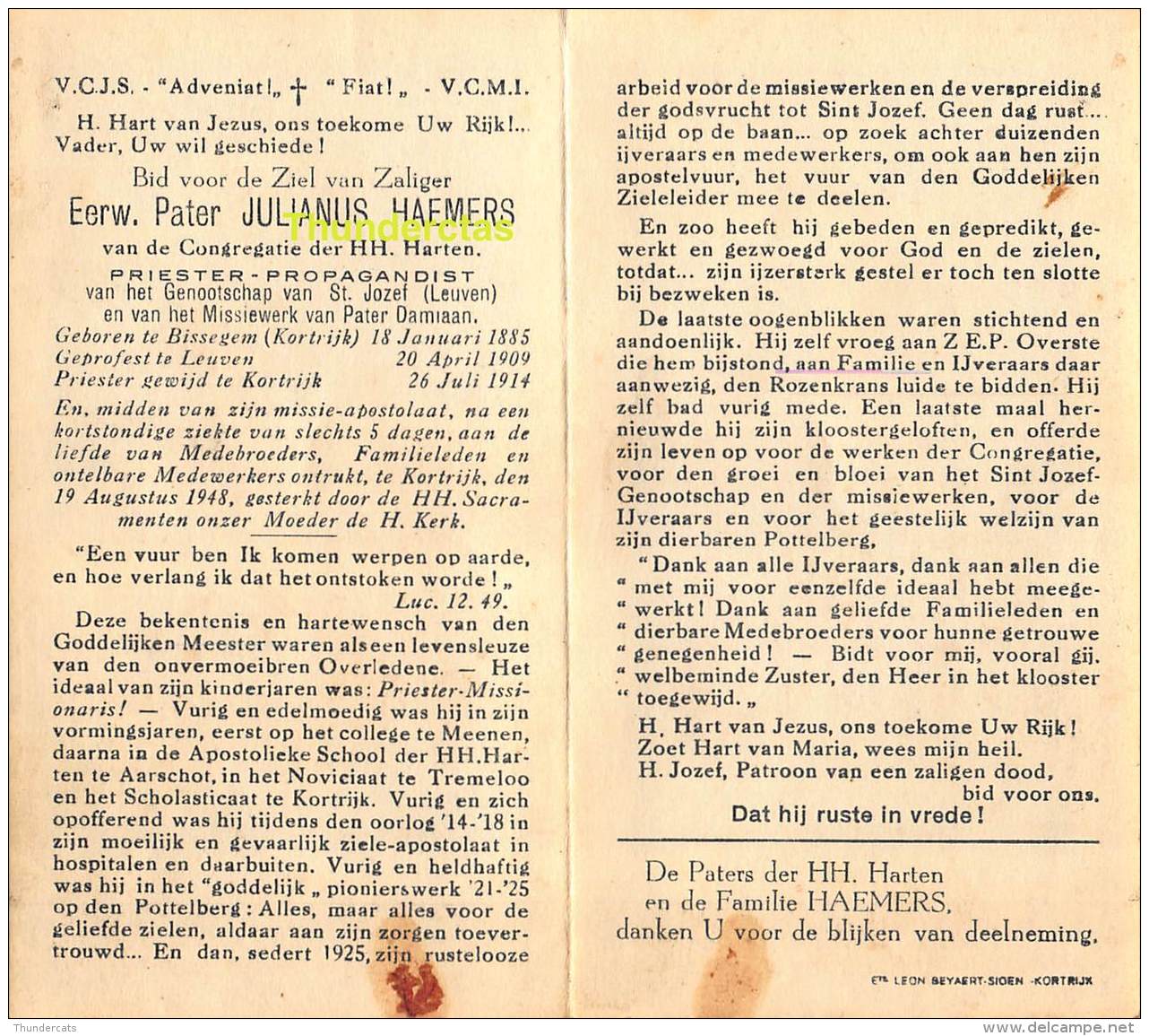 LULIANUS HAEMERS PRIESTER PROPAGANDIST LEUVEN PATER DAMIAAN BISSEGEM KORTRIJK 1885 1914 - Devotion Images