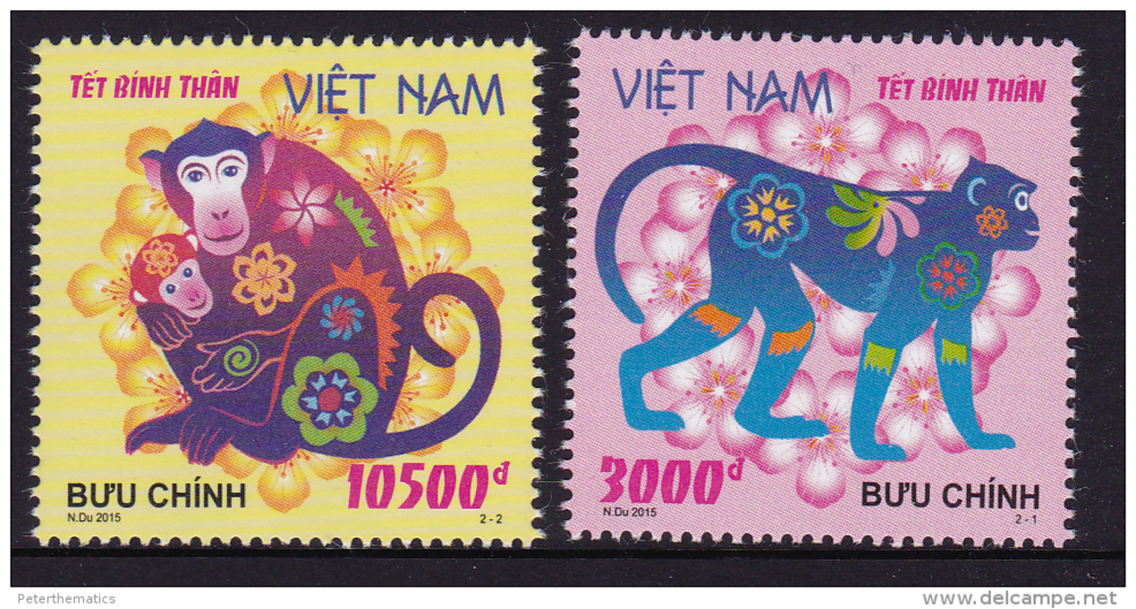 VIETNAM, 2016, MNH, YEAR OF THRE MONKEY, MONKEYS,2v - Chinese New Year