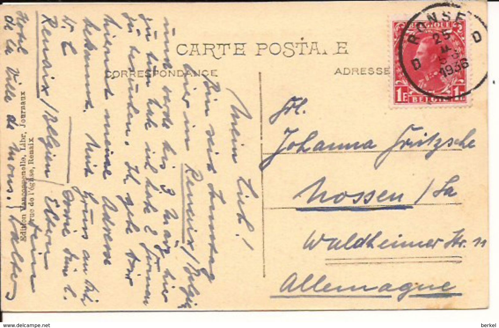 RONSE TWEE HOTELS RUE DE LA STATION 1936 Stempel Naar Dld  1149/d2 - Renaix - Ronse