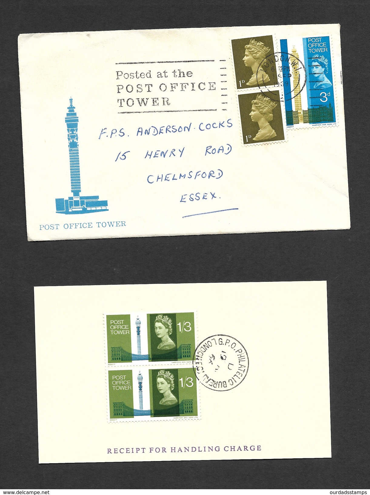 GB QEII Post Office Tower, Cover Sent From Tower And Philatelic Bureau Receipt (F5380) - 1952-1971 Pre-Decimal Issues