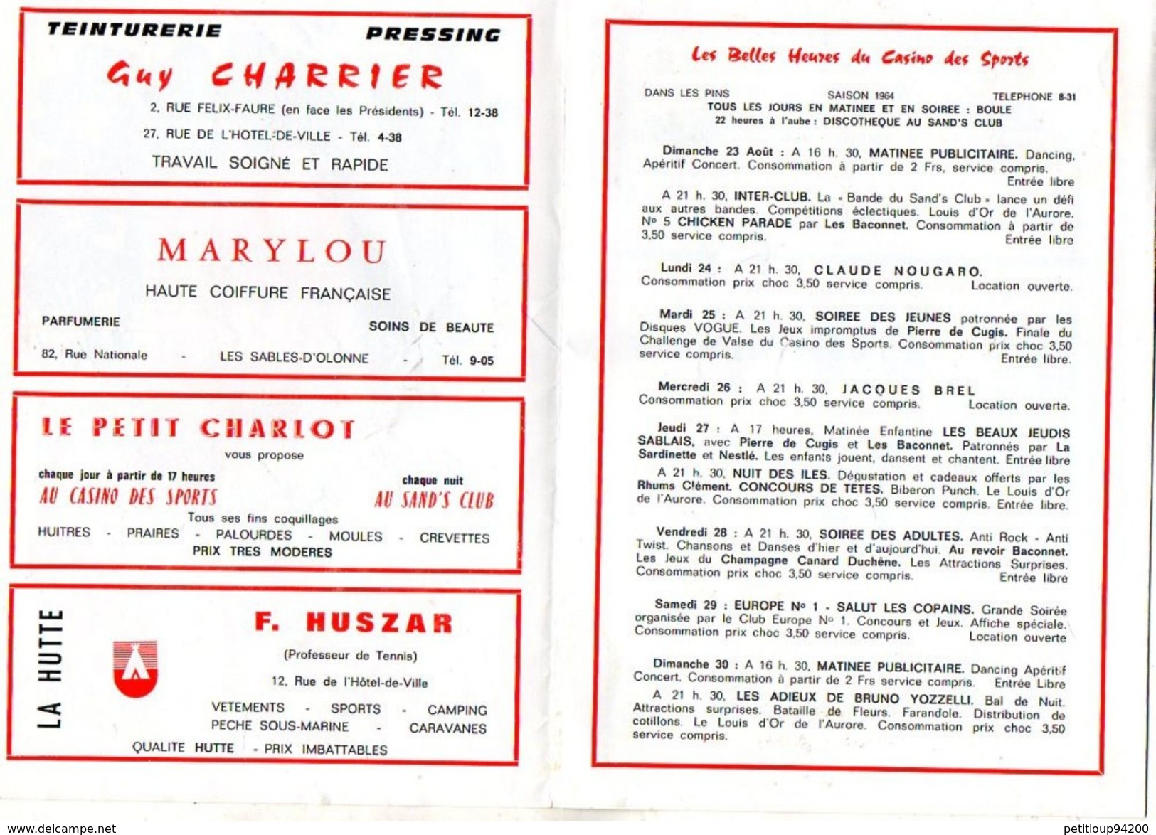 PROGRAMME + TARIF CONSOMMATIONS  CASINO Des Sports  *C.NOUGARO *J.BREL  Les Sables-d'Olonne  ANNEE 1964 - Programmi