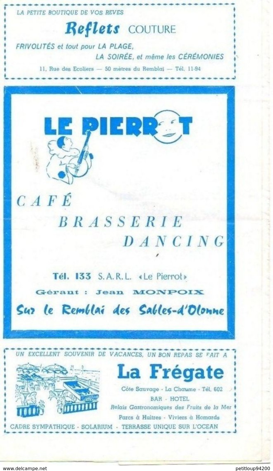 PROGRAMME LE PIERROT Café Brasserie Dancing  APERITIF-CONCERT Les Sables-D'olonne - Programs