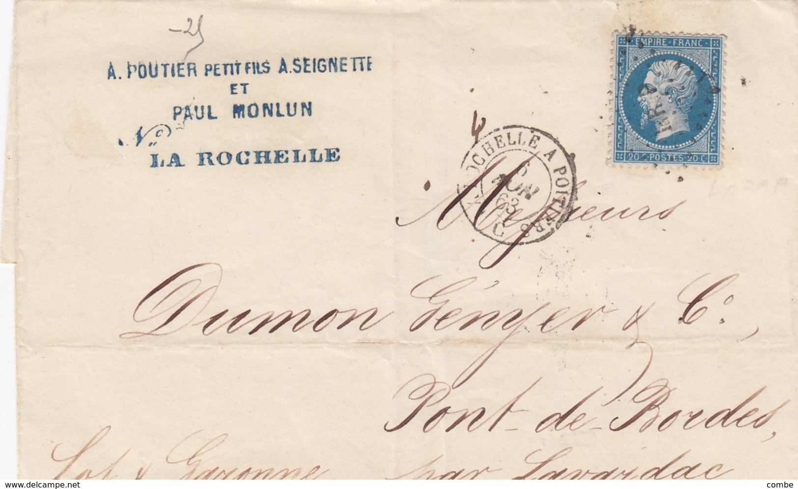 LETTRE. 6 NOVEMBRE 1863. AMBULANT DE NUIT. La R à P. LA ROCHELLE A PARIS. BRIGADE C. DE LA ROCHELLE A PONT DE BORDES 362 - 1849-1876: Période Classique