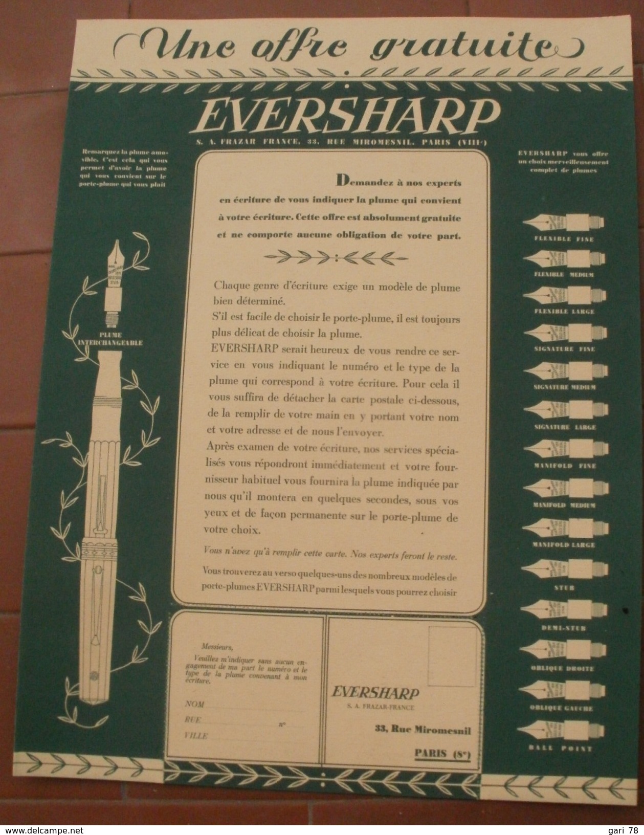 Publicité Porte Plumes Amovibles EVERSHARP Avec Carte Réponse à Détacher - Reclame