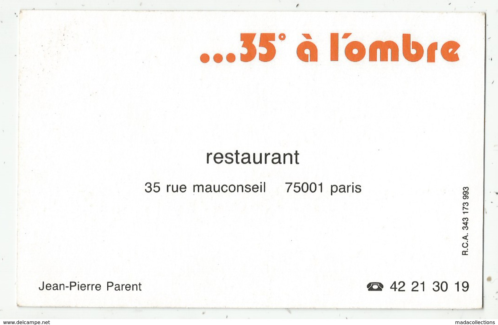 Carte Publicitaire  ... 35° à L'ombre  Restaurant 33 Rue Mauconseil  75001 - ¨Paris - Werbung