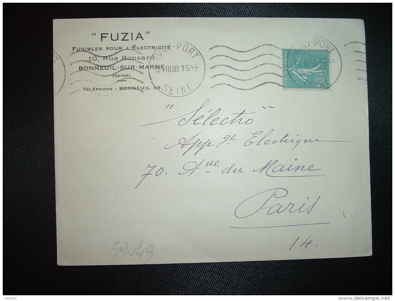 LETTRE TP SEMEUSE 50c OBL.MEC.4 III 38 IVRY PORT SEINE (94) FUZIA FUSIBLES POUR L'ELECTRICITE BONNEUIL SUR MARNE - Autres & Non Classés