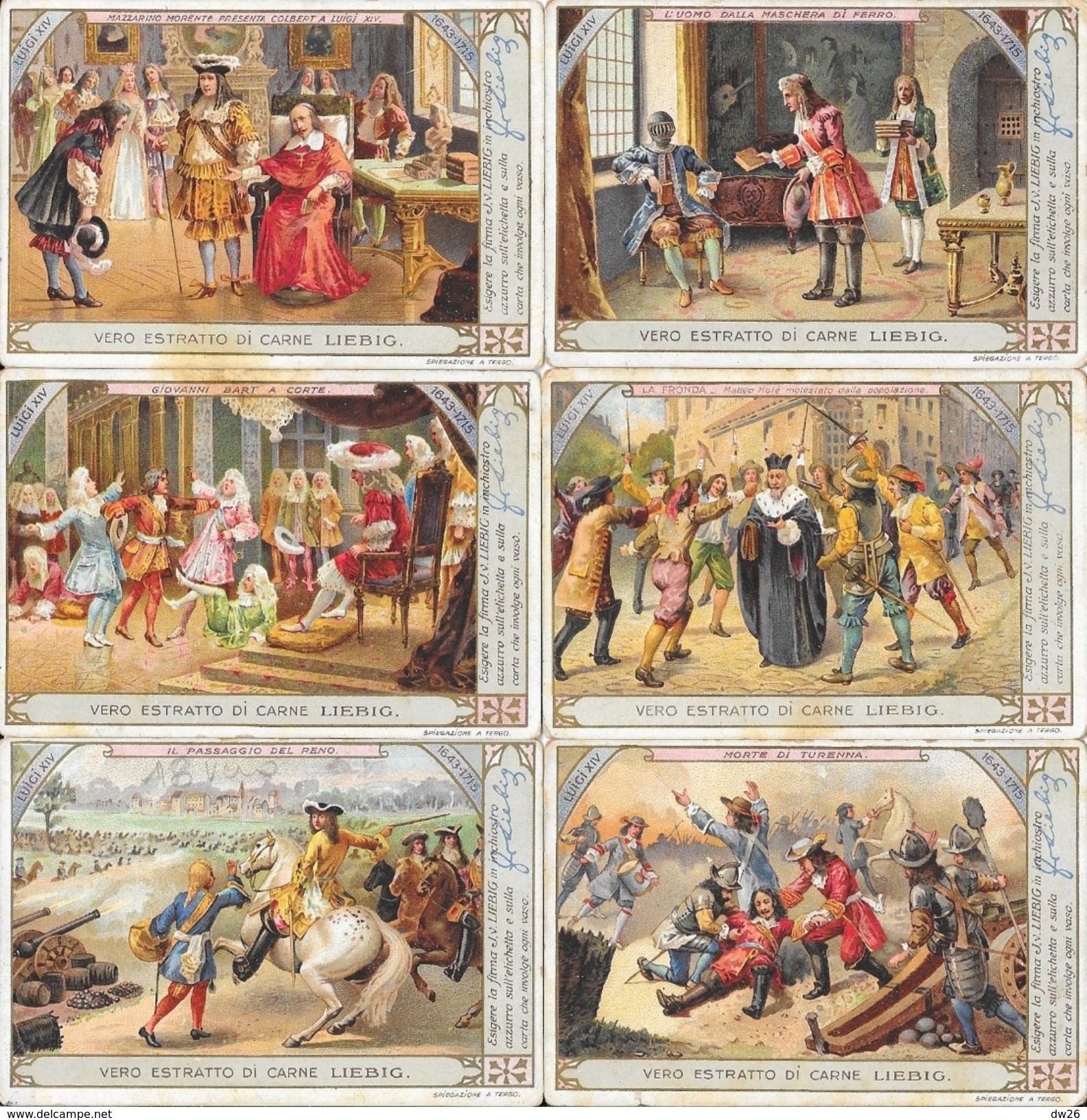 Italia - Vero Estratto Di Carne Liebig - Serie Complète De 6 Cartes:  Storia Di Francia, Luigi XIV (Louis XIV) - Liebig