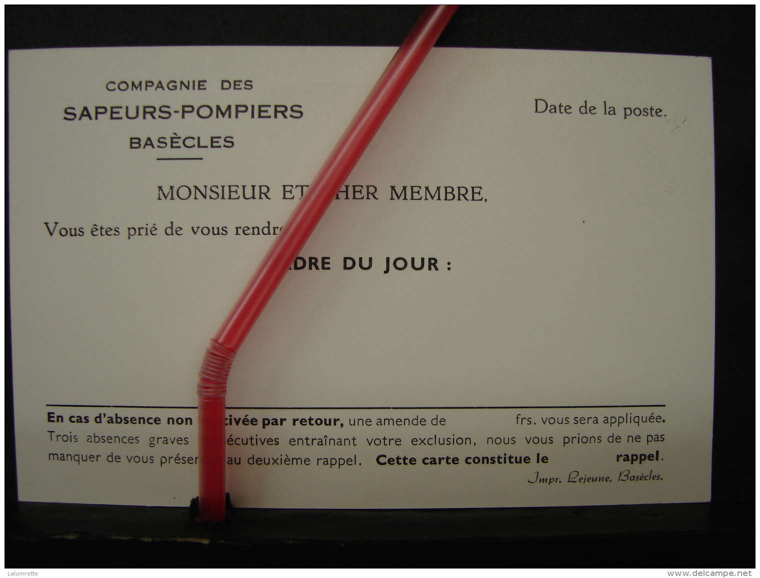 PAD. 225. Carte De Correspondance Pour Ordre Du Jourdes Sapeurs Pompiers De Basècles - Documentos Históricos