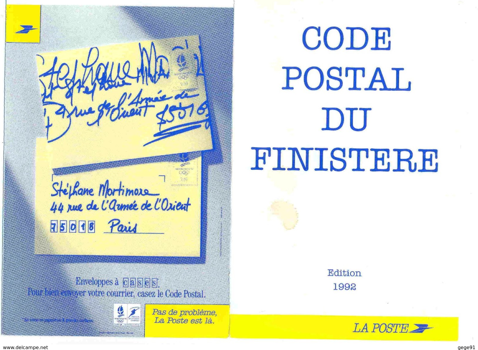 Livret à 3 Volets _ Récapitulatif Des Code Postaux Du Finistère - 1992 - Autres & Non Classés