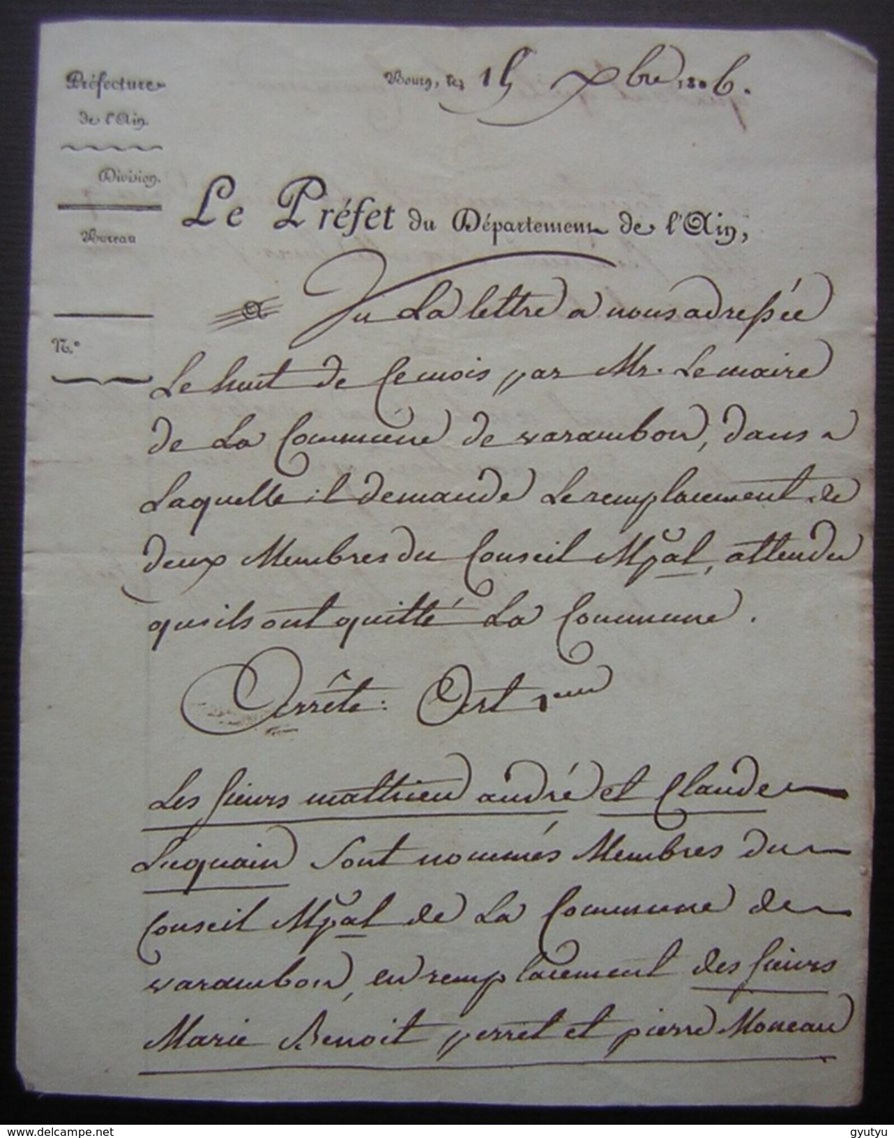 Bourg 1806 Préfecture De L'Ain Réponse Au Maire De Varambon Sur Le Remplacement De Deux Membres Du Conseil Municipal - Manuscrits