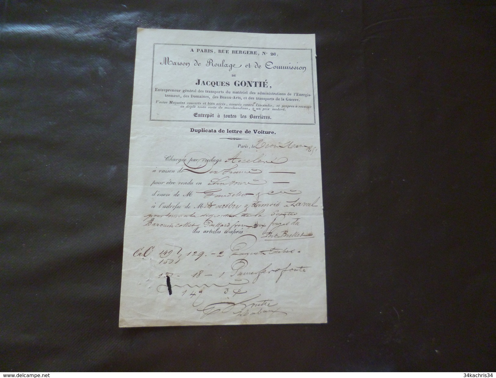 Roulage Lettre De Voiture Transports Jacques Gontié Paris 26 Rue Bergère Pour Laval 1851. Fer Fonte - Transports