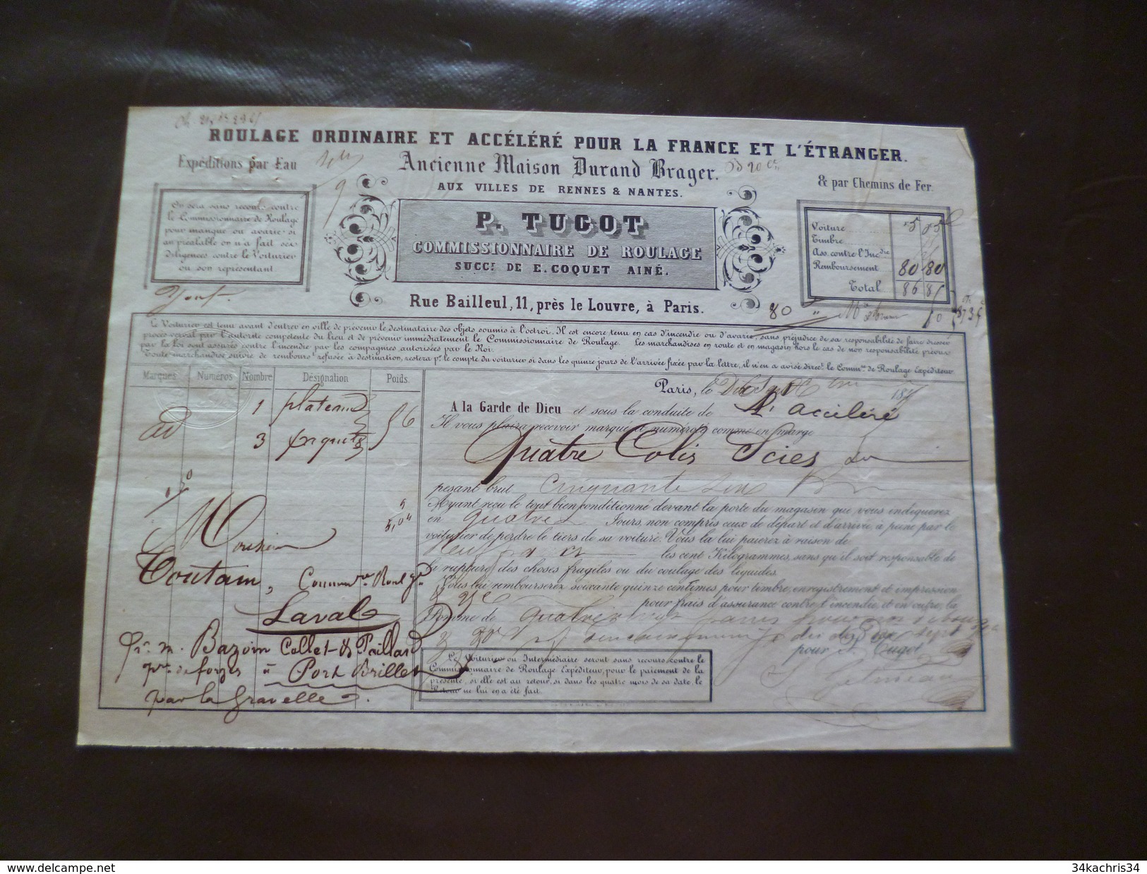 Roulage Lettre De Voiture Transports P.Tugot Paris 11 Rue Bailleul Pour Laval Plateau Briquets - 1800 – 1899