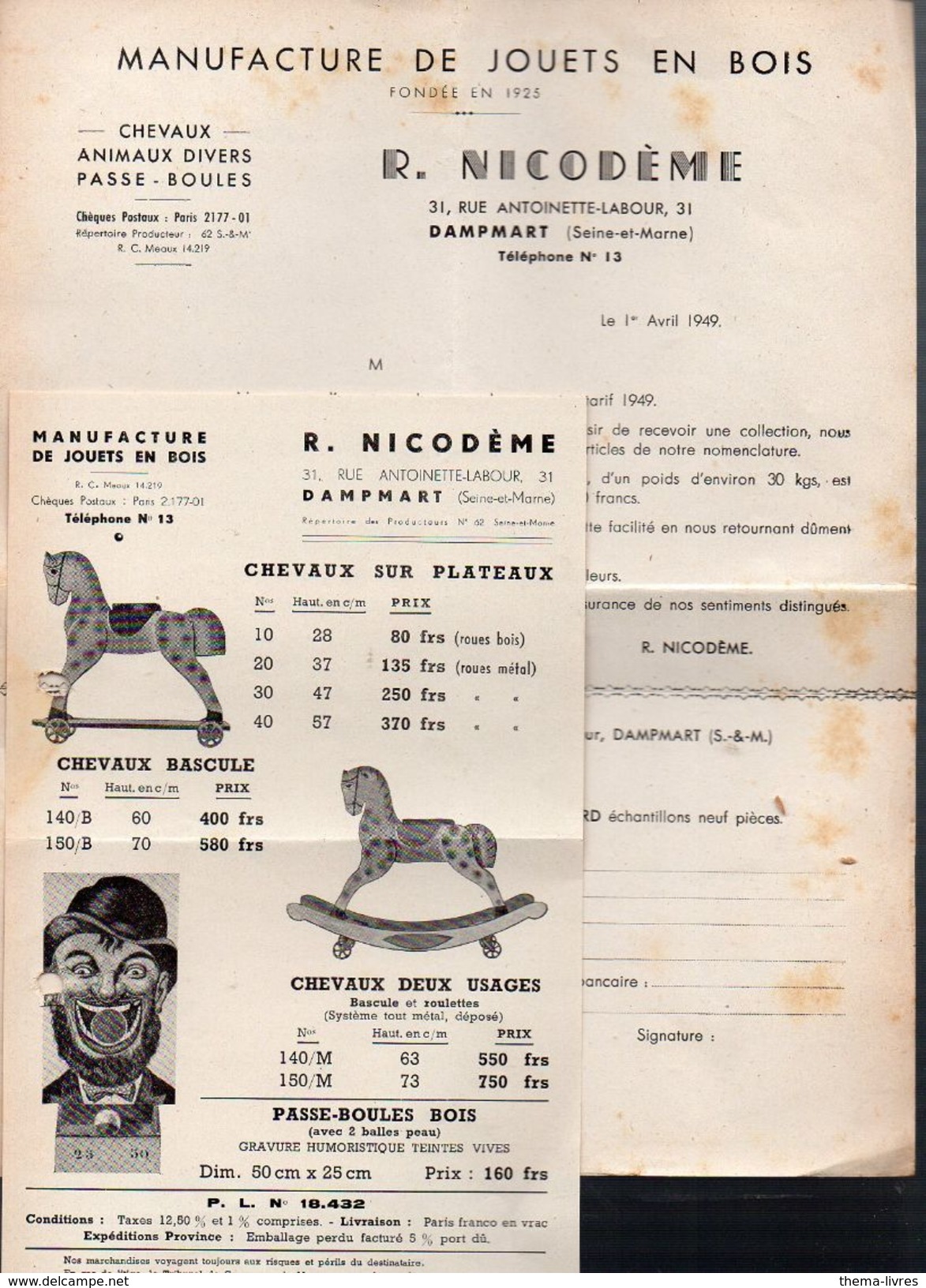 Dampmart (77 Seine Et Marne) 2 Documents NICOMEDE (jouets En Bois) 1949 (PPP5804) - Publicités