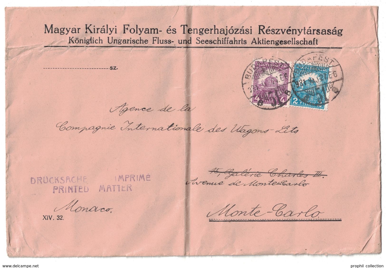 1927 HONGRIE - LETTRE TARIF IMPRIMÉ De BUDAPEST Pour MONTE CARLO MONACO MAGYAR KIRALYI WAGONS-LITS - Covers & Documents