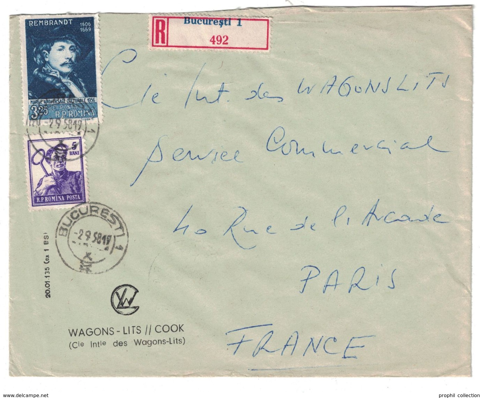 1958 ROUMANIE - LETTRE RECOMMANDÉE REGISTERED ENTETE WAGONS LITS COOK Pour PARIS FRANCE REMBRANDT BUCAREST BUCURESTI - Briefe U. Dokumente